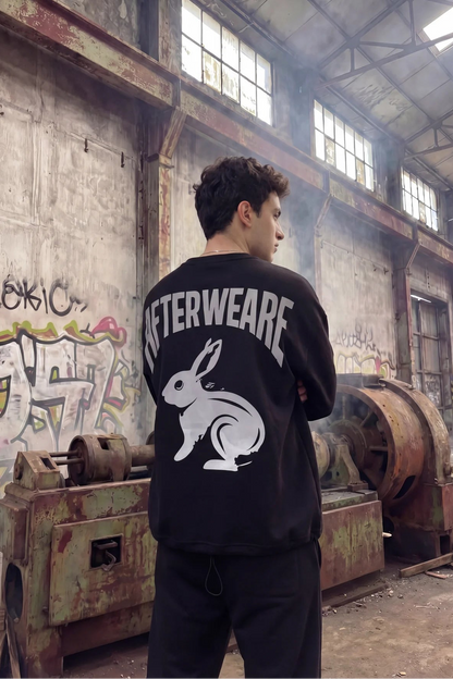 Unisex Siyah Oversize Sweatshirt – 'AFTERWEARE WHITE RABBIT'