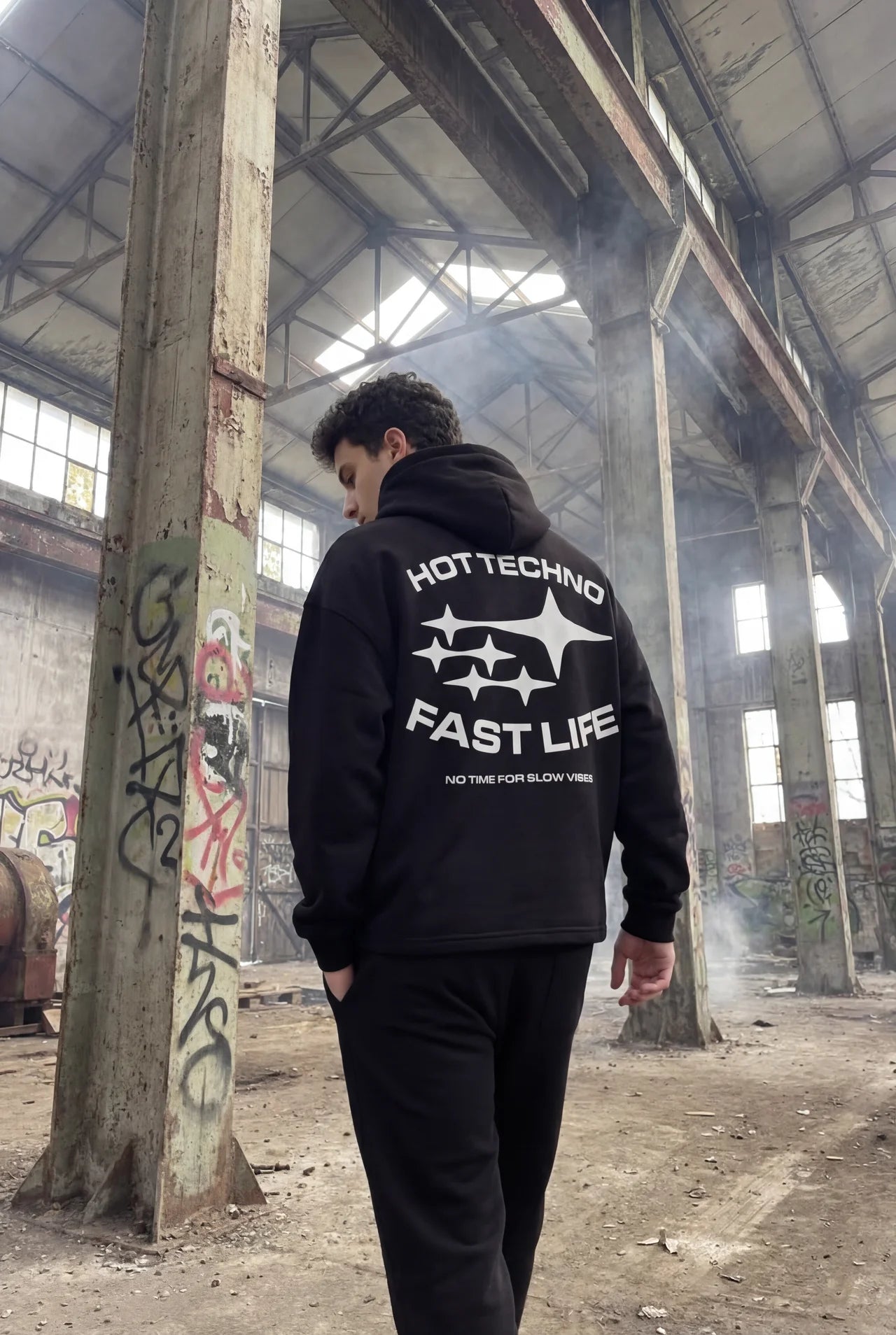 Siyah Kapüşonlu Sweatshirt 'HOT TECHNO FAST LIFE' Black Oversize Hoodie