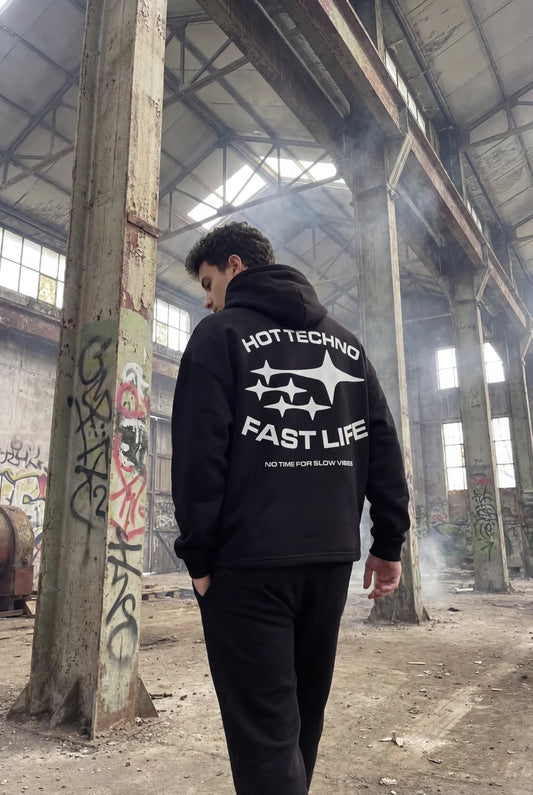 Siyah Kapüşonlu Sweatshirt 'HOT TECHNO FAST LIFE' Black Oversize Hoodie
