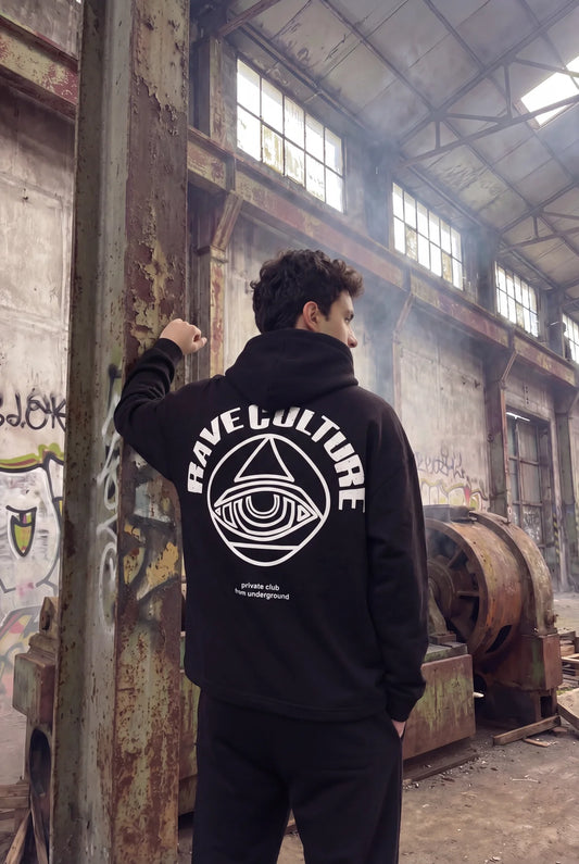 Siyah Kapüşonlu Sweatshirt 'RAVE CULTURE' Black Oversize Hoodie