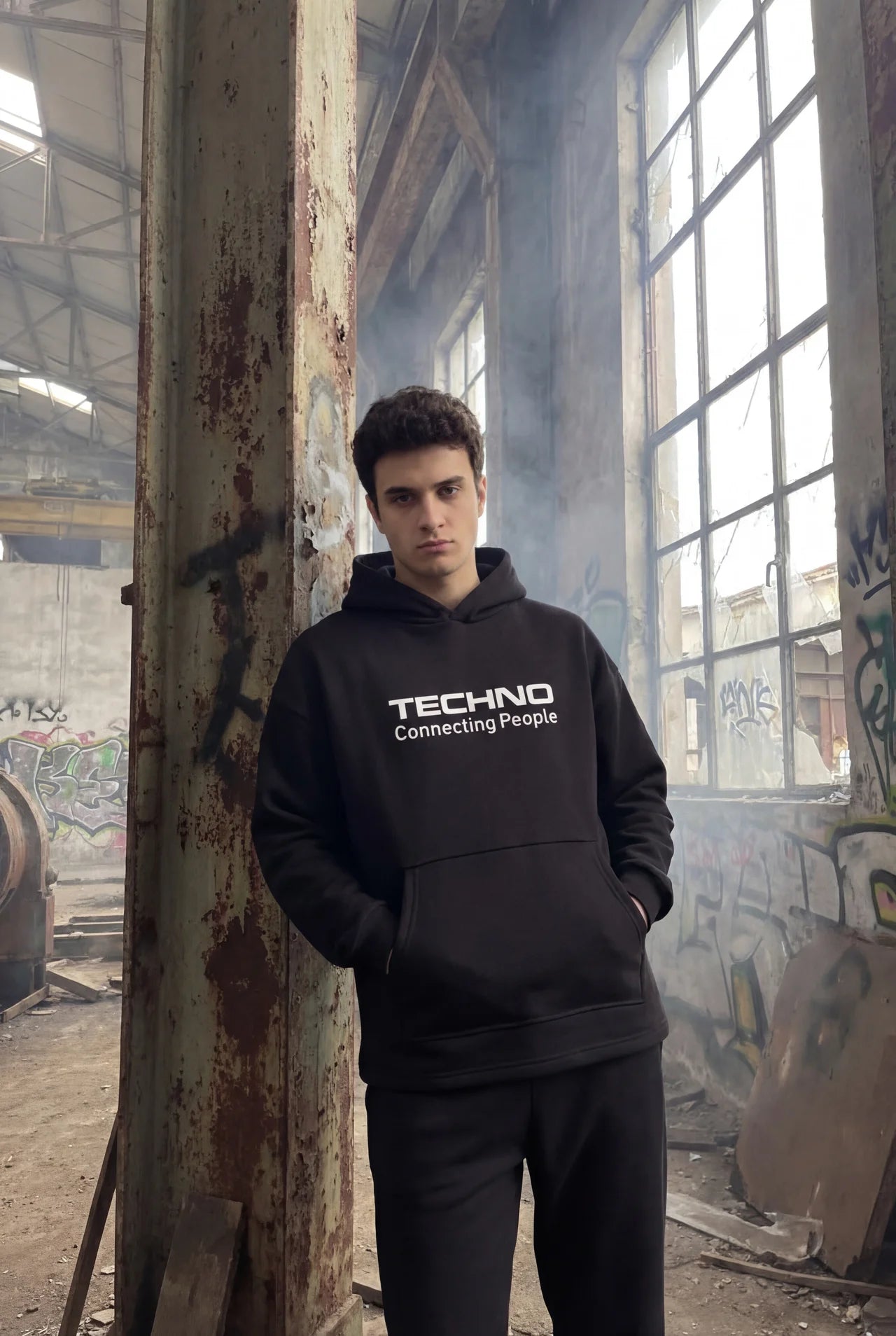 Siyah Kapüşonlu Sweatshirt 'Connecting People' Black Oversize Hoodie