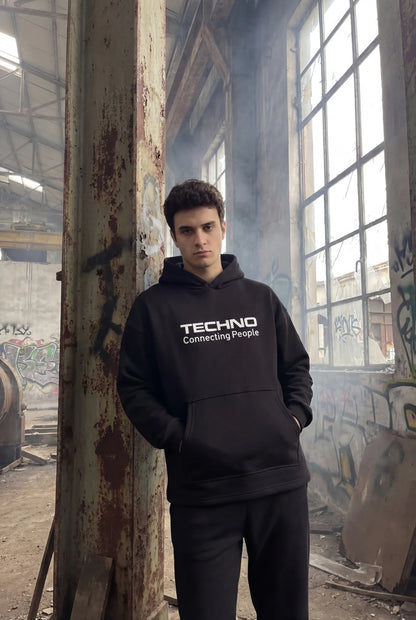 Siyah Kapüşonlu Sweatshirt 'Connecting People' Black Oversize Hoodie