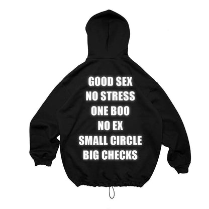 BLACK OVERSIZE HOODIE 'GOOD SEX NO STRESS' REFLECTIVE.