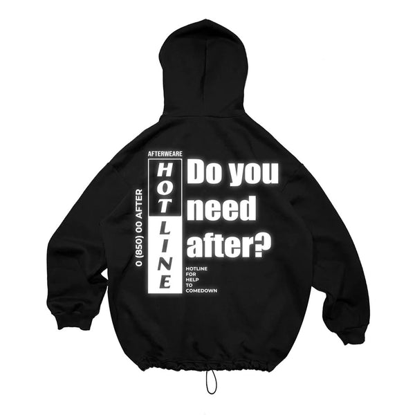 BLACK OVERSIZE HOODIE 'HOTLINE DO YOU NEED AFTER?' REFLECTIVE