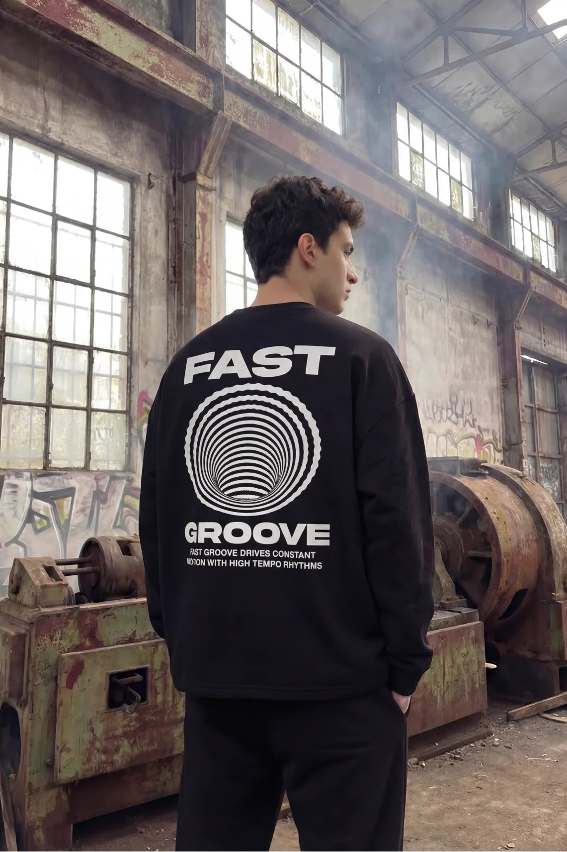 Unisex Siyah Oversize Sweatshirt – 'Fast Groove' High Tempo Design