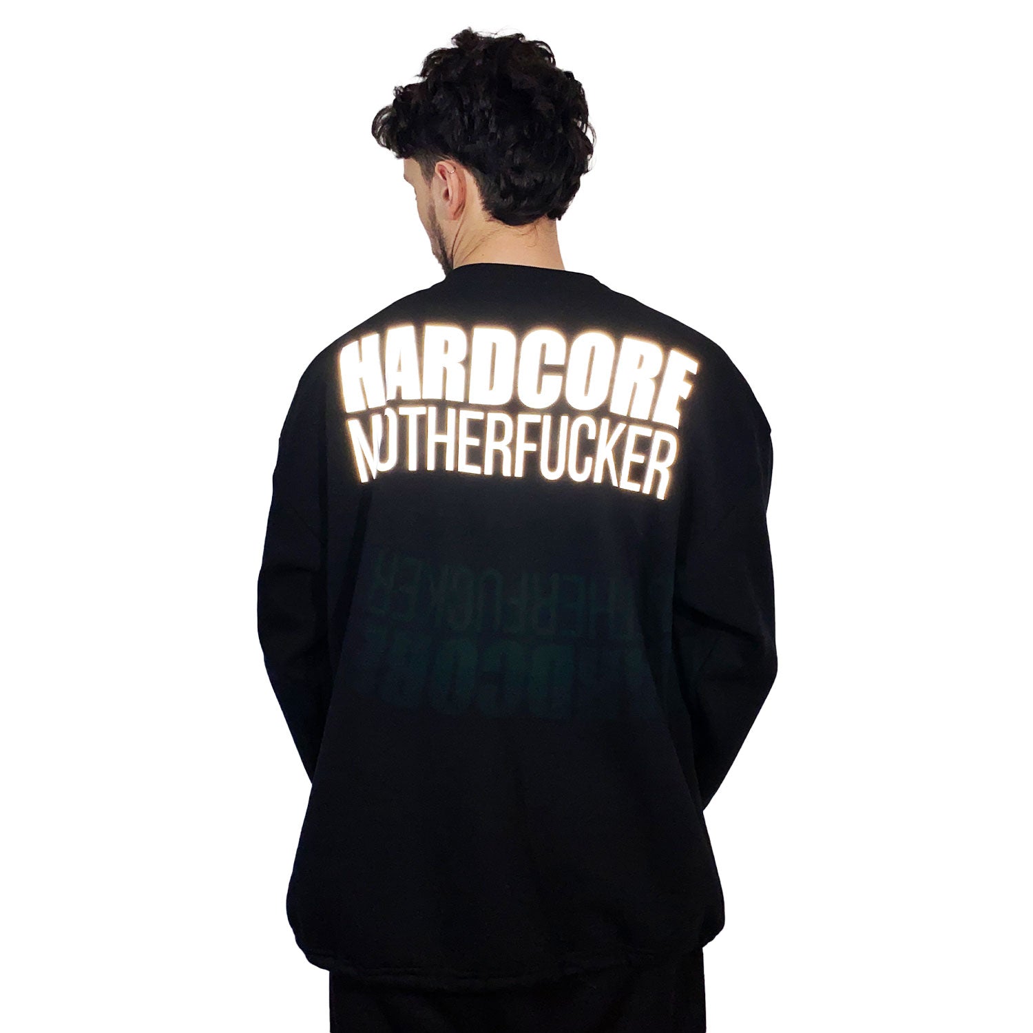 Unisex black oversize sweatshirt with 'HARDCORE MOTHERFUCKER' print, designed for rave lifestyle and techno party enthusiasts.