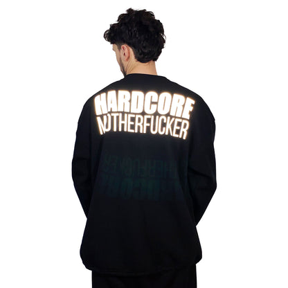 Unisex black oversize sweatshirt with 'HARDCORE MOTHERFUCKER' print, designed for rave lifestyle and techno party enthusiasts.