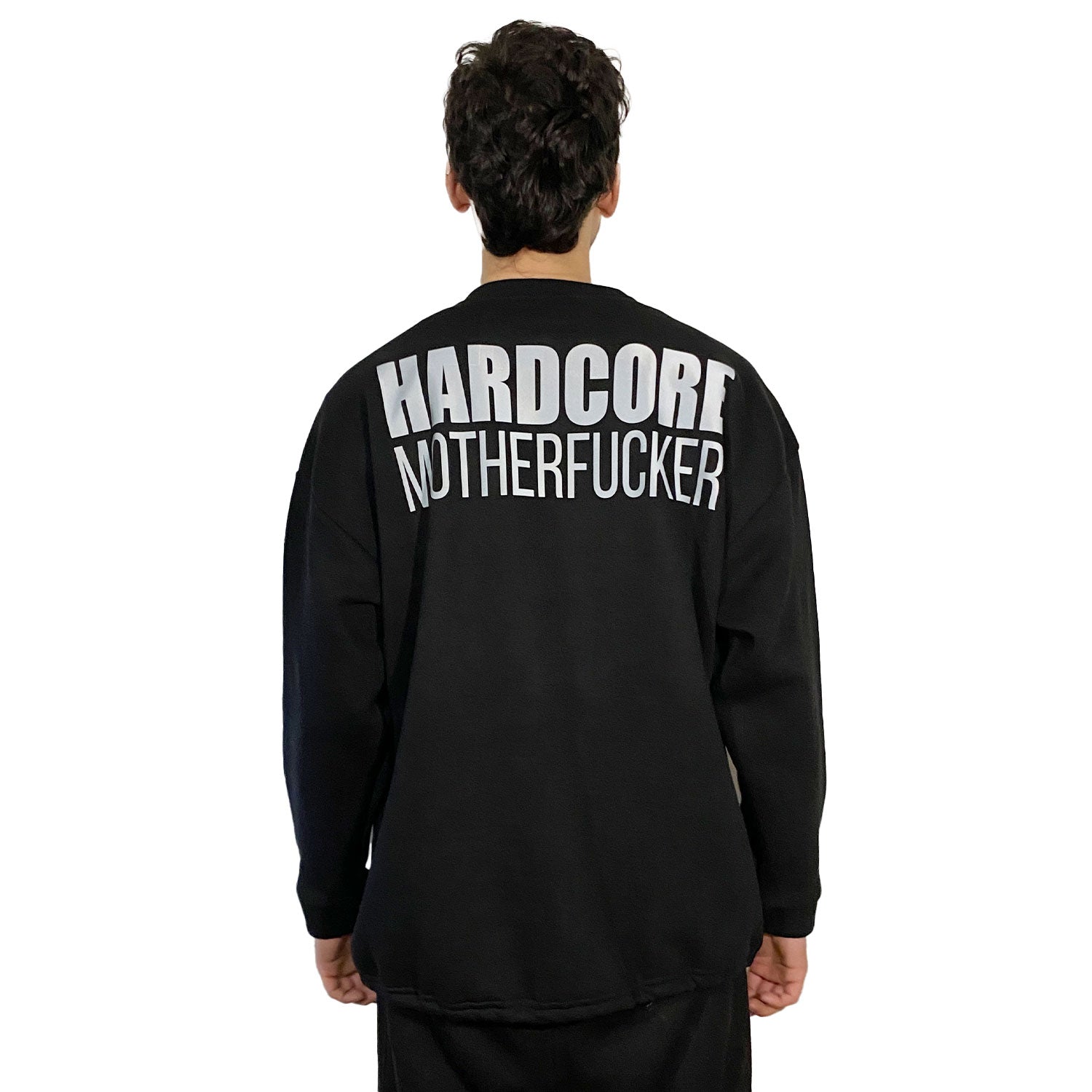 Unisex black oversize sweatshirt with 'HARDCORE MOTHERFUCKER' print, designed for rave lifestyle and techno party enthusiasts.