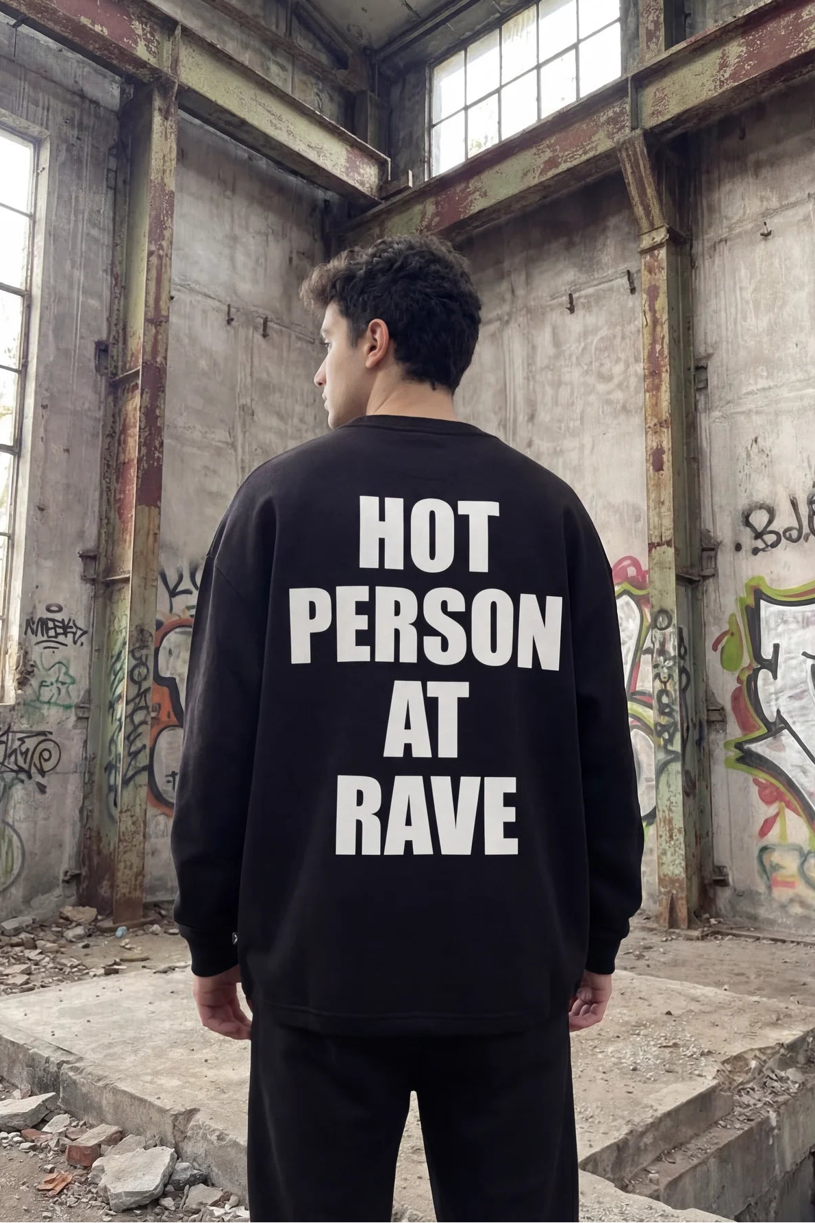 Unisex Black Oversize Sweatshirt – 'Hot Person at Rave' Statement