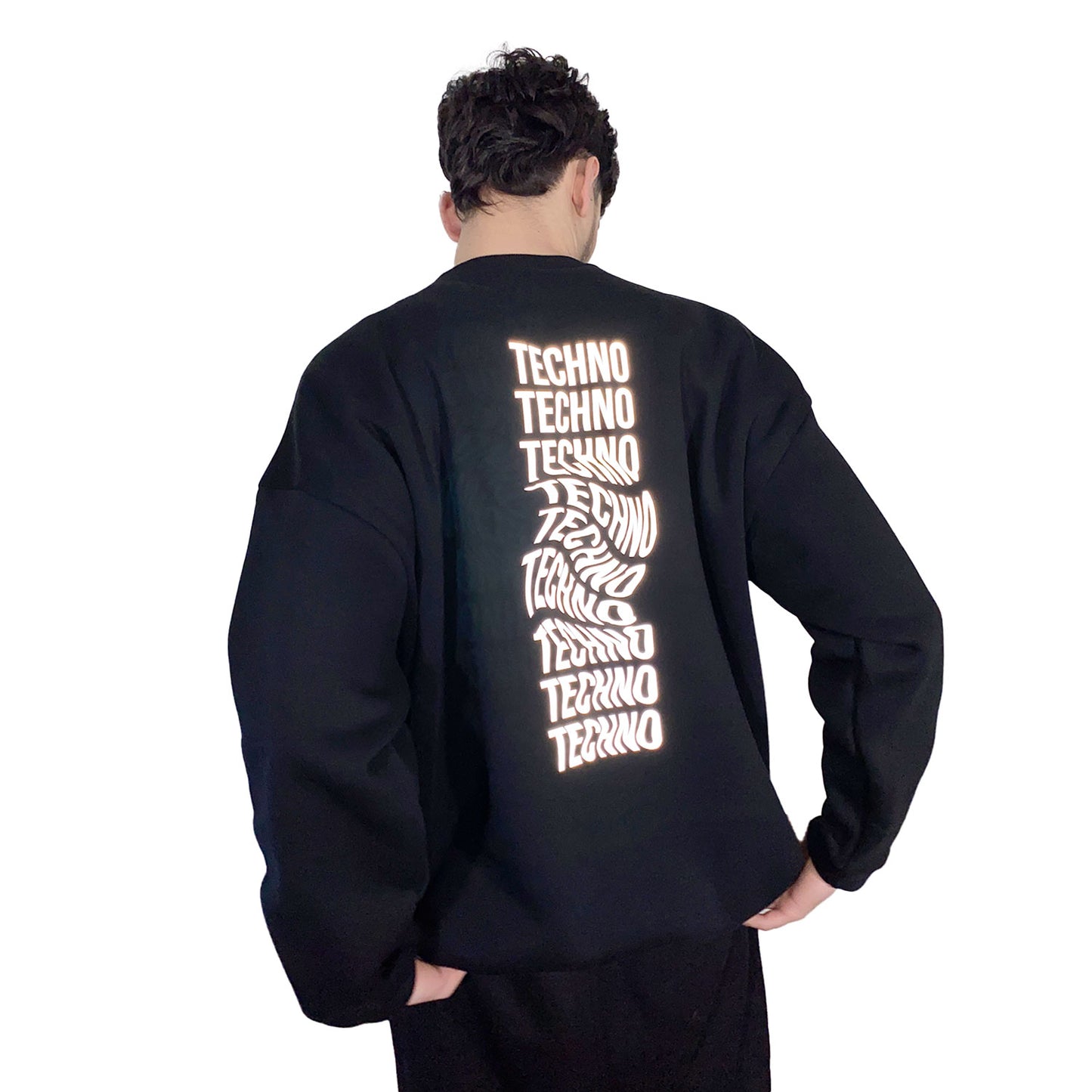 siyah sweatshirt techno baskılı ve reflektörlü