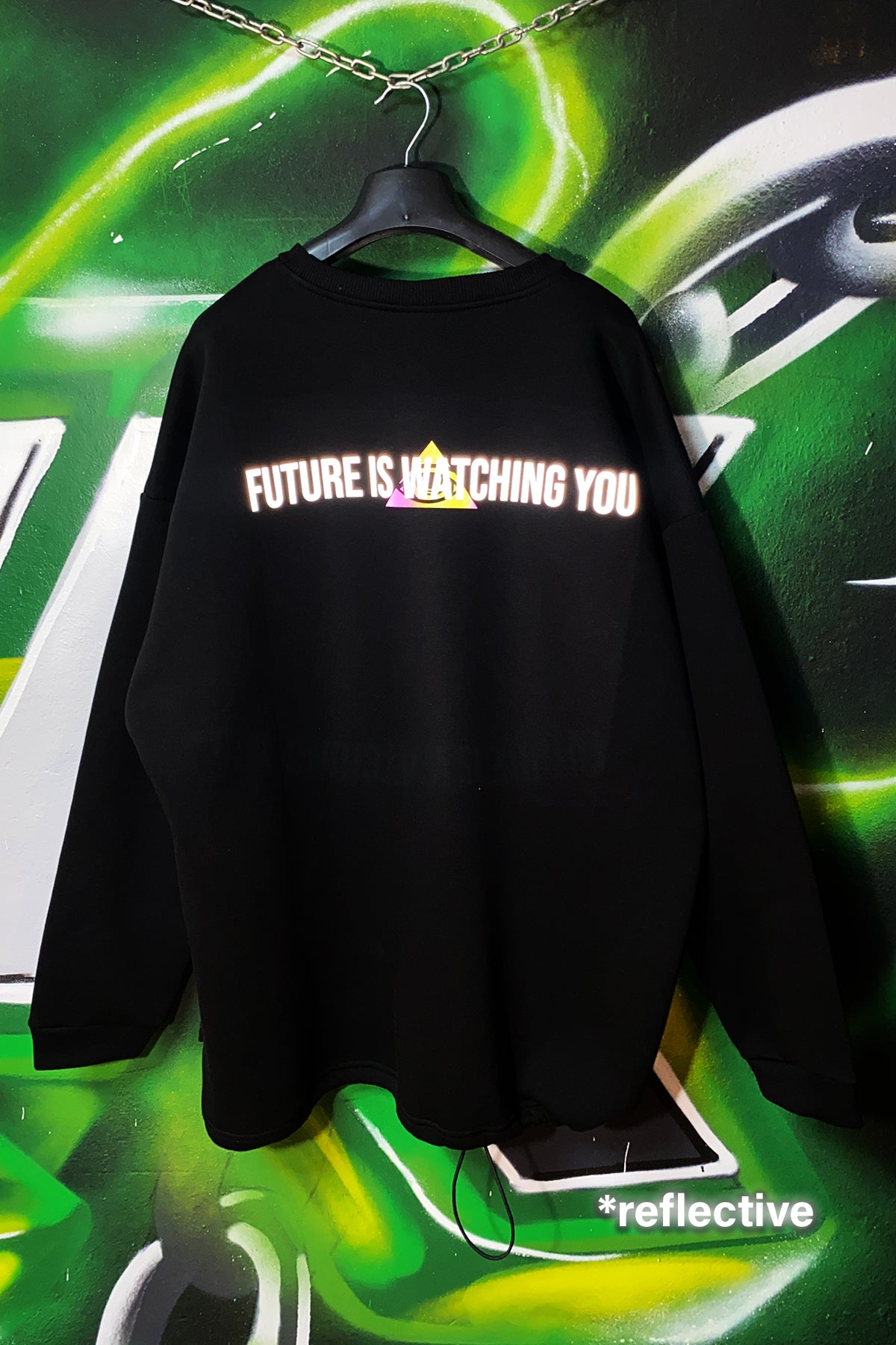 OVERSIZE BLACK SWEATSHIRT 'FUTURE IS WATCHING YOU' HOLO REFLECTIVE.