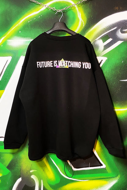 siyah sweatshirt reflektör baskılı future is watching you