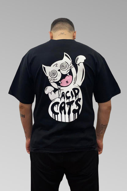 Oversize Siyah Tişört 'Acid Cats'