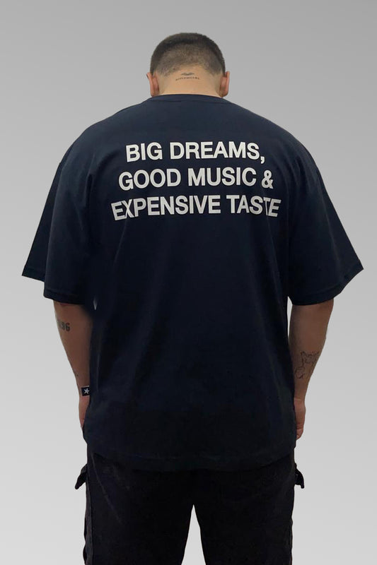 big dreams good music expensive taste siyah oversize tişört – rahat ve modern techno tarzı oversize t-shirt