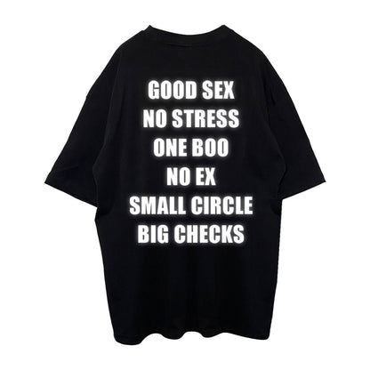 OVERSIZE BLACK T-SHIRT 'GOOD SEX NO STRESS' REFLECTIVE.