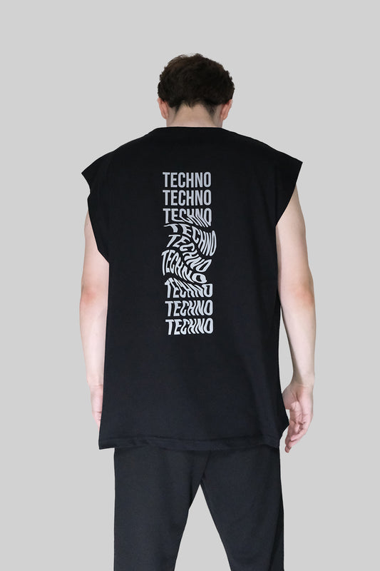 Afterweare Model Üzerinde Siyah Sleeveless Kolsuz Tişört (Sporcu Atlet) - Arkada "Techno Revolution" tasarım baskılı | Black Sleeveless Tshirt on Model, Back printed "Techno Revolution" design