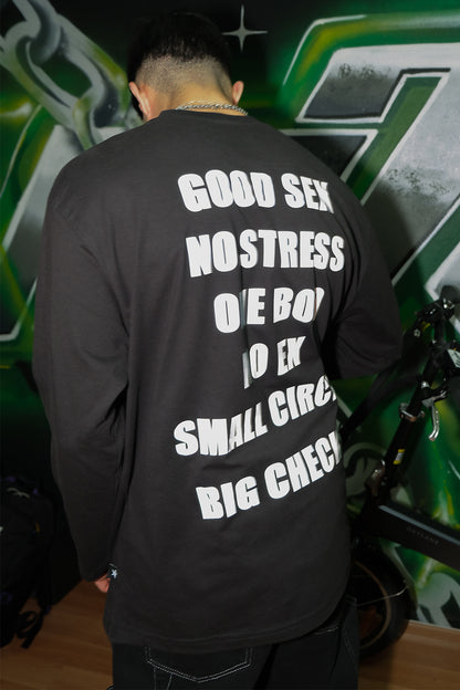 Relaxed Fit Siyah Uzun Kollu Tişört 'GOOD SEX NO STRESS' Reflective Black Long Sleeve T-shirt