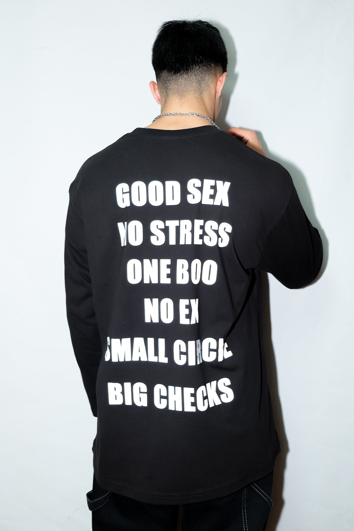 Relaxed Fit Siyah Uzun Kollu Tişört 'GOOD SEX NO STRESS' Reflective Black Long Sleeve T-shirt