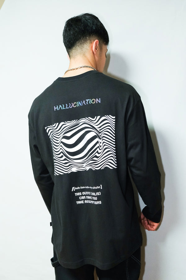 Siyah Uzun Kollu Tişört 'HALLUCINATION' Reflective Black Long Sleeve T-shirt