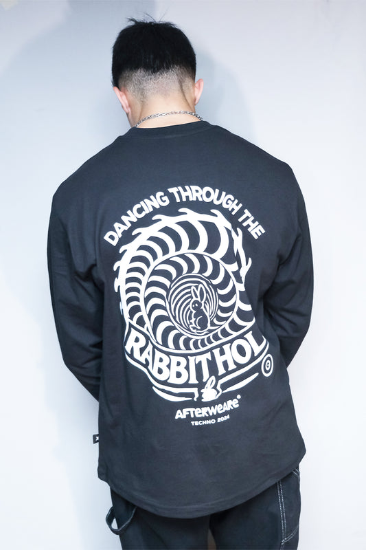 Siyah Uzun Kollu Tişört 'DANCING THROUGH THE RABBIT HOLE' Reflective Black Long Sleeve T-shirt