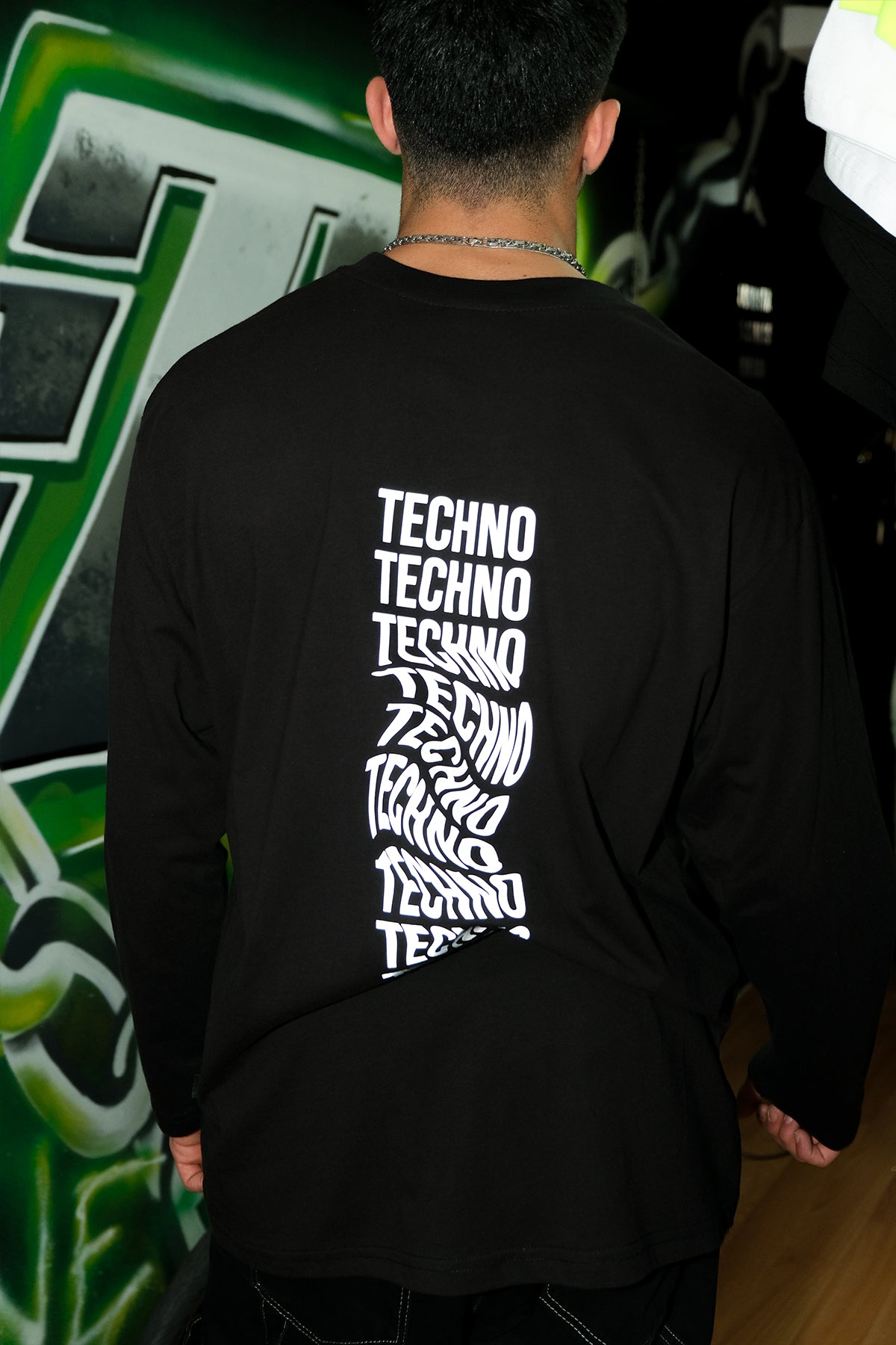 Siyah Uzun Kollu Tişört 'TECHNO REVOLUTION' Reflective Black Long Sleeve T-shirt