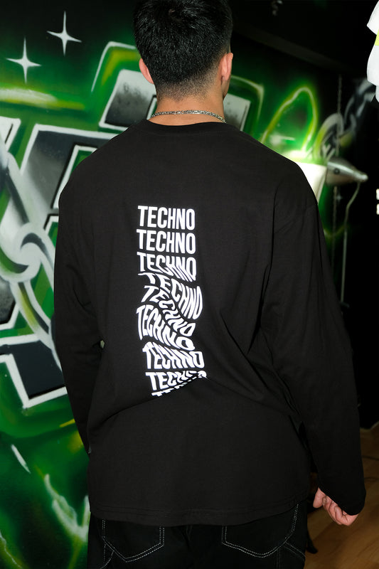 Siyah Uzun Kollu Tişört 'TECHNO REVOLUTION' Reflective Black Long Sleeve T-shirt