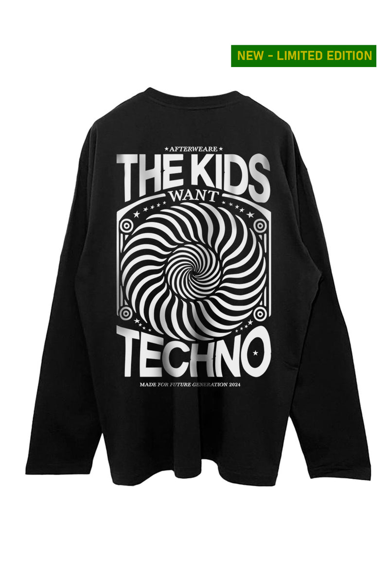 Relaxed Fit Siyah Uzun Kollu Tişört 'THE KIDS WANT TECHNO 2024'