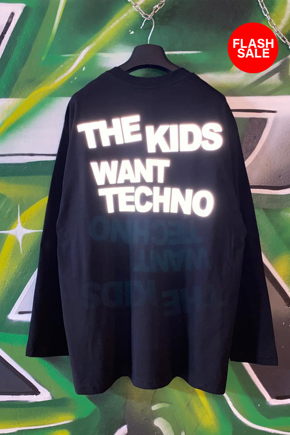 Siyah Uzun Kollu T-shirt 'THE KIDS WANT TECHNO' REFLECTIVE flash sale