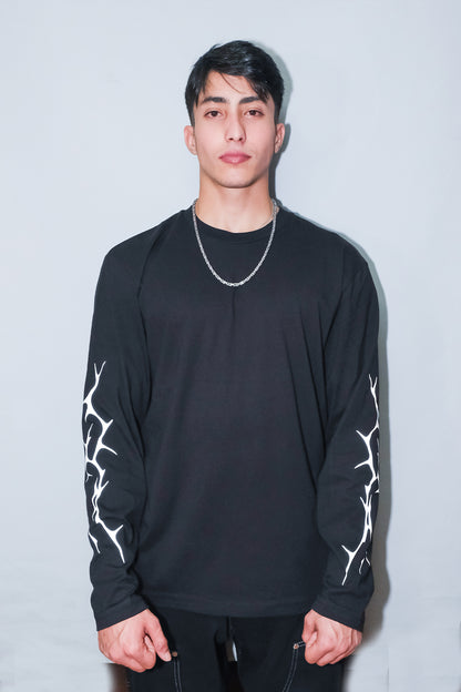 Siyah Uzun Kollu Tişört 'TRIBAL BONE' Reflective Black Long Sleeve T-shirt