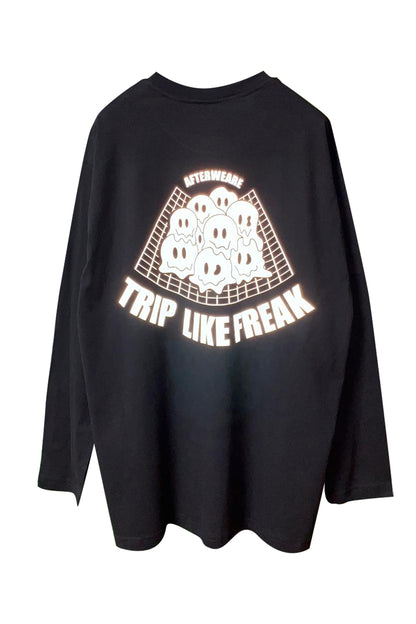 siyah uzun kollu tişört reflektör baskılı trip like freak afterweare - black long sleeve tee reflecive techno clothing