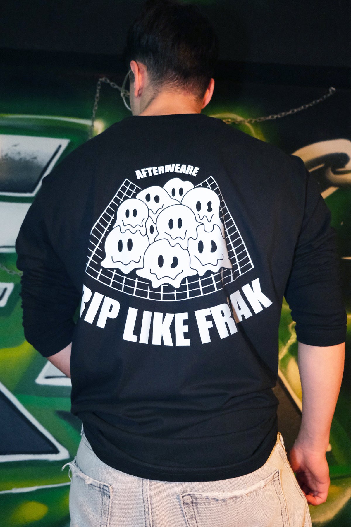 siyah uzun kollu tişört reflektör baskılı trip like freak afterweare - black long sleeve tee reflecive techno clothing