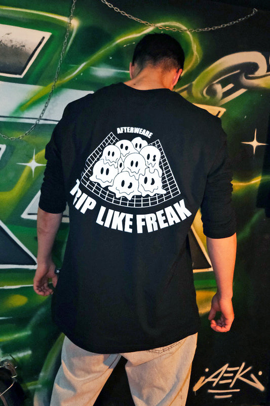 siyah uzun kollu tişört reflektör baskılı trip like freak afterweare - black long sleeve tee reflecive techno clothing