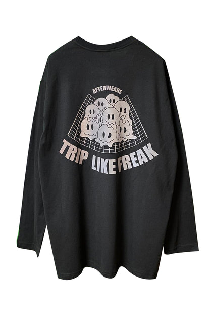 siyah uzun kollu tişört reflektör baskılı trip like freak afterweare - black long sleeve tee reflecive techno clothing