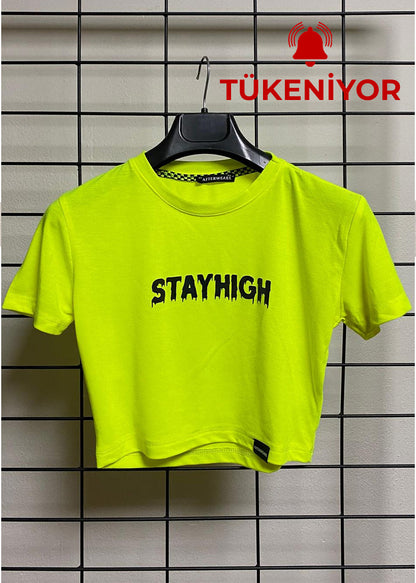 Neon Sarı Crop Tişört - Stayhigh | Reflective Neon Yellow Crop T-shirt.