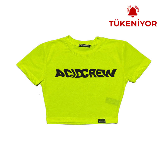 Neon Sarı Crop Tişört - Acid Crew | Reflective Yellow Crop T-shirt