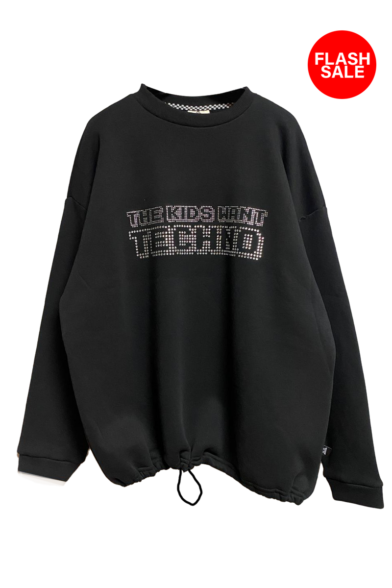 Unisex Siyah Oversized Sweatshirt – 'THE KIDS WANT TECHNO' crystal flash sale