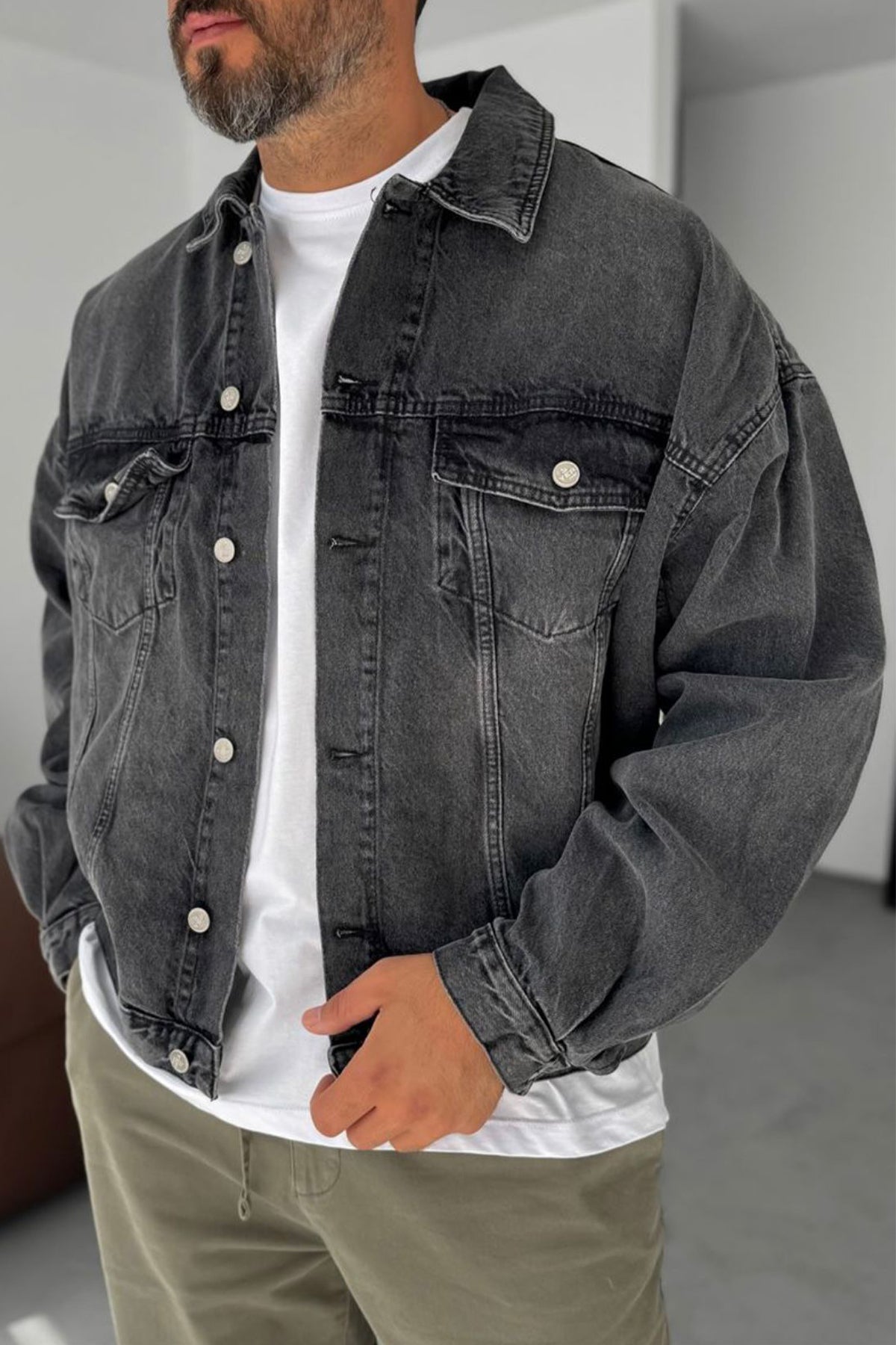 Taşlı Antrasit Kot Ceket