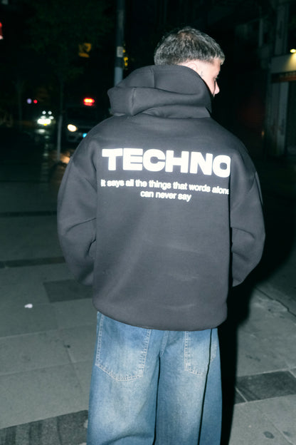 Siyah Kapüşonlu Sweatshirt 'TECHNO' Black Oversize Hoodie.