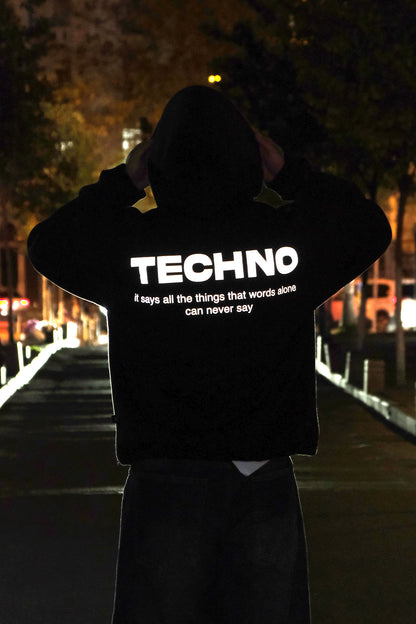 Siyah Kapüşonlu Sweatshirt 'TECHNO' Black Oversize Hoodie