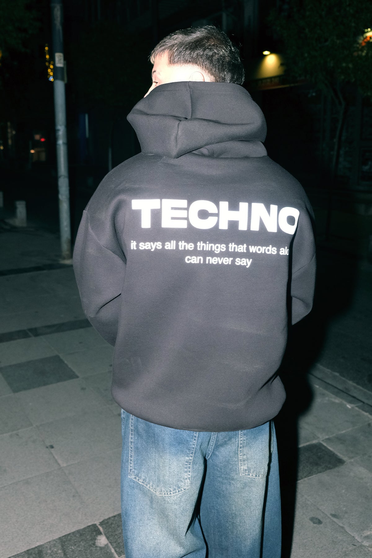 Siyah Kapüşonlu Sweatshirt 'TECHNO' Black Oversize Hoodie.