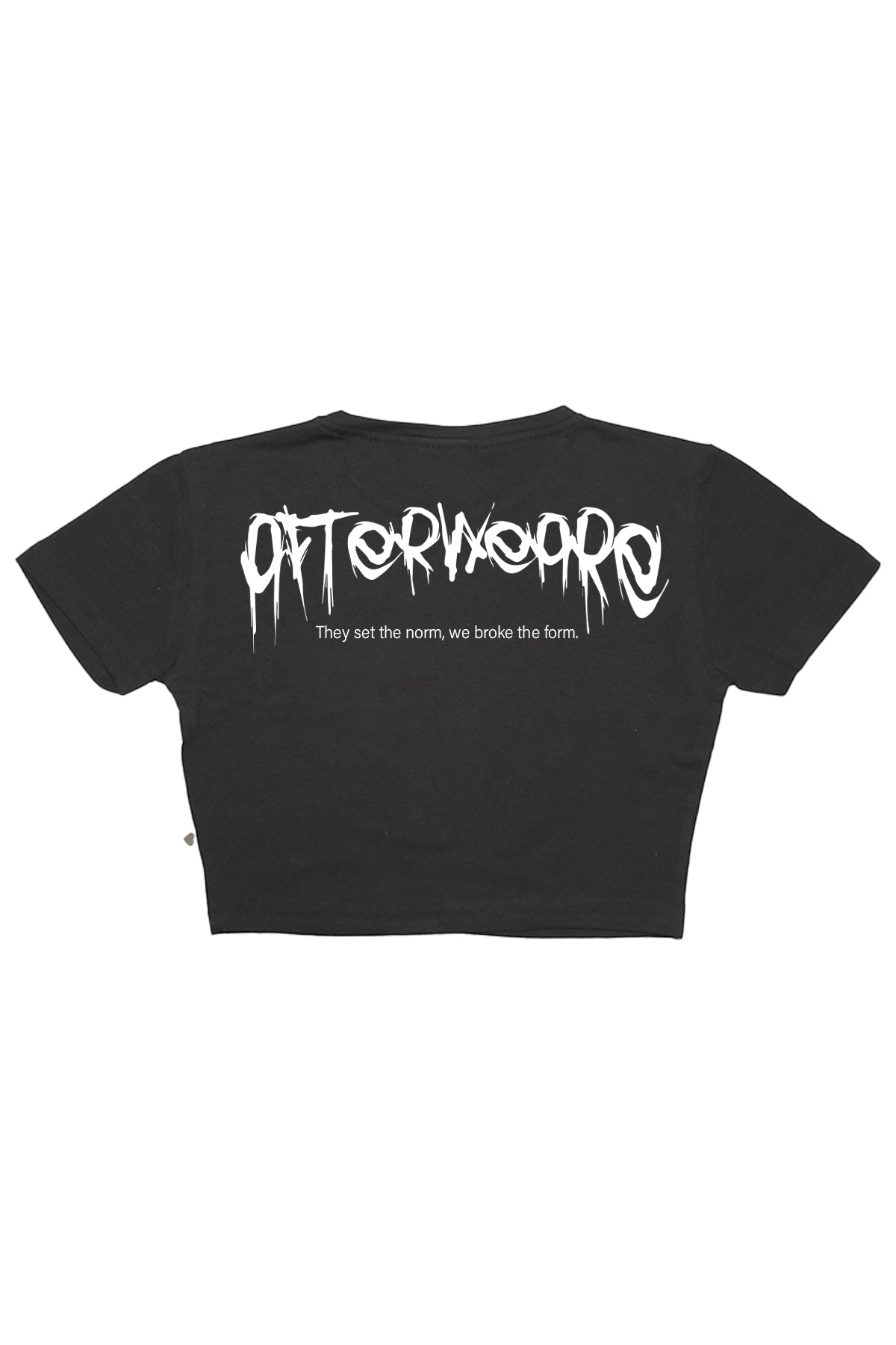 afterweare baskılı siyah crop tişört görseli, techno temalı kadın giyim tasarımı.