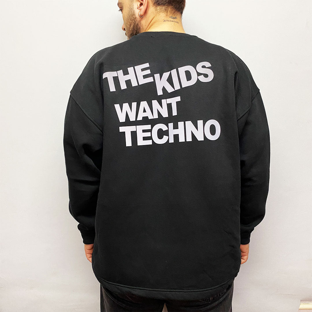 Unisex Siyah Oversized Sweatshirt – 'THE KIDS WANT TECHNO' reflective flash sale