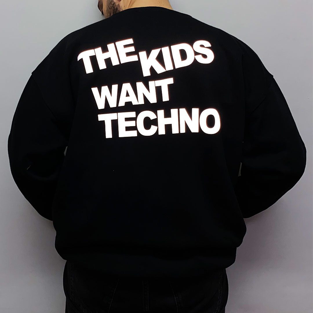 Unisex Siyah Oversized Sweatshirt – 'THE KIDS WANT TECHNO' reflective flash sale