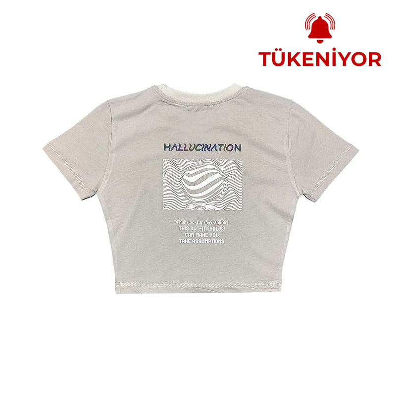 Gri Crop Tişört - HALLUCINATION | Reflective Gray Crop T-shirt