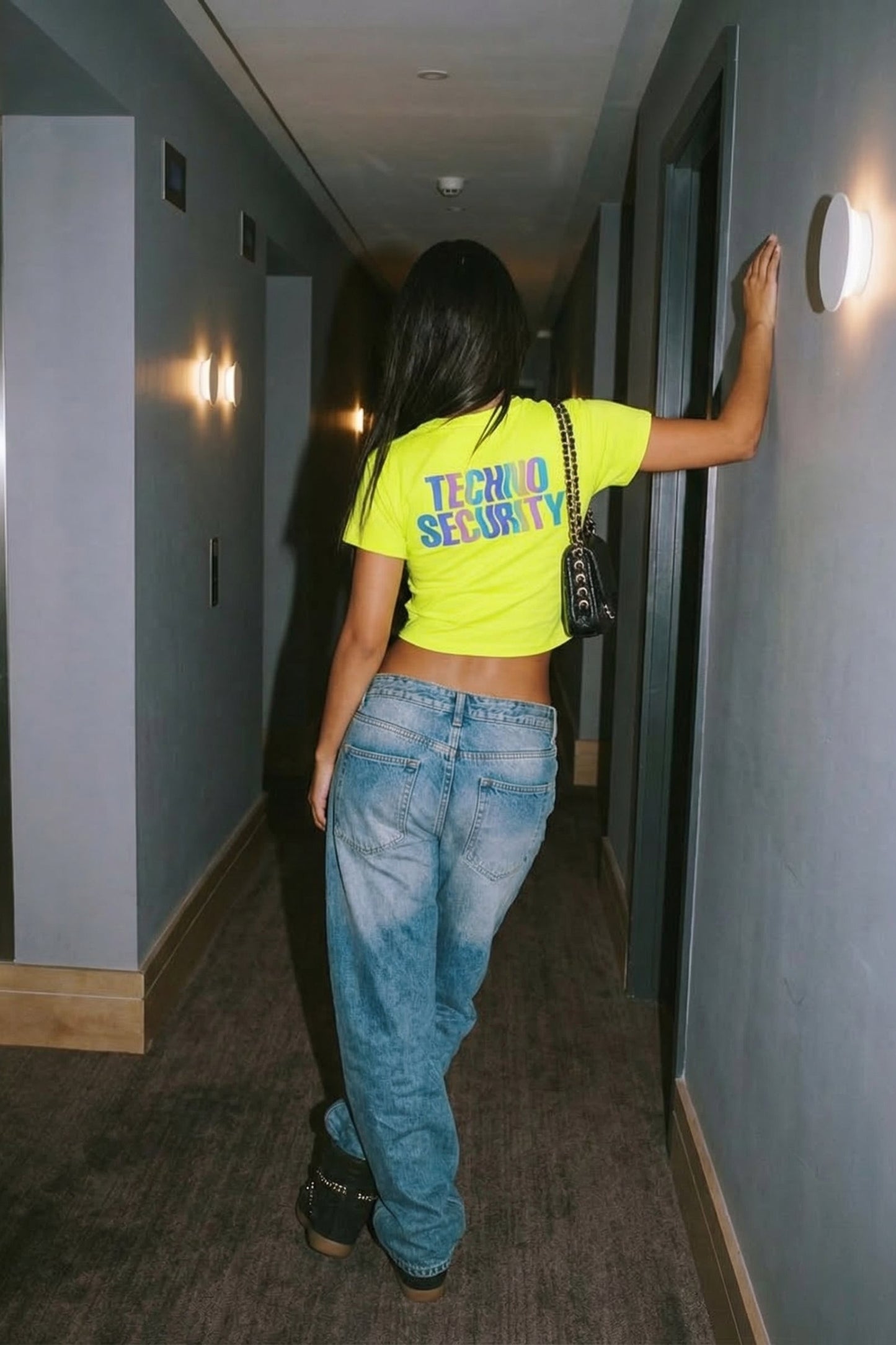 Neon Sarı Crop Tişört - TECHNO SECURITY | Reflective Yellow Crop T-shirt