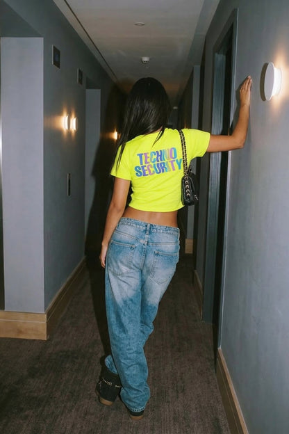 Neon Sarı Crop Tişört - TECHNO SECURITY | Reflective Yellow Crop T-shirt