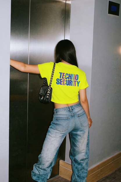Neon Sarı Crop Tişört - TECHNO SECURITY | Reflective Yellow Crop T-shirt