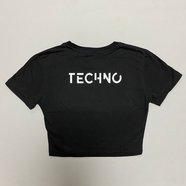 BLACK CROP T-SHIRT 'TECHNO IS BACK' REFLECTIVE
