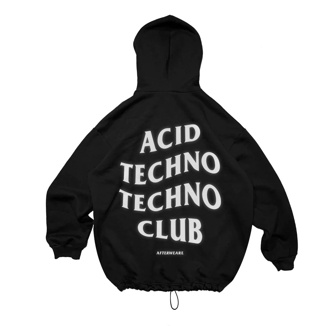 BLACK OVERSIZE HOODIE 'ACID TECHNO TECHNO CLUB' REFLECTIVE