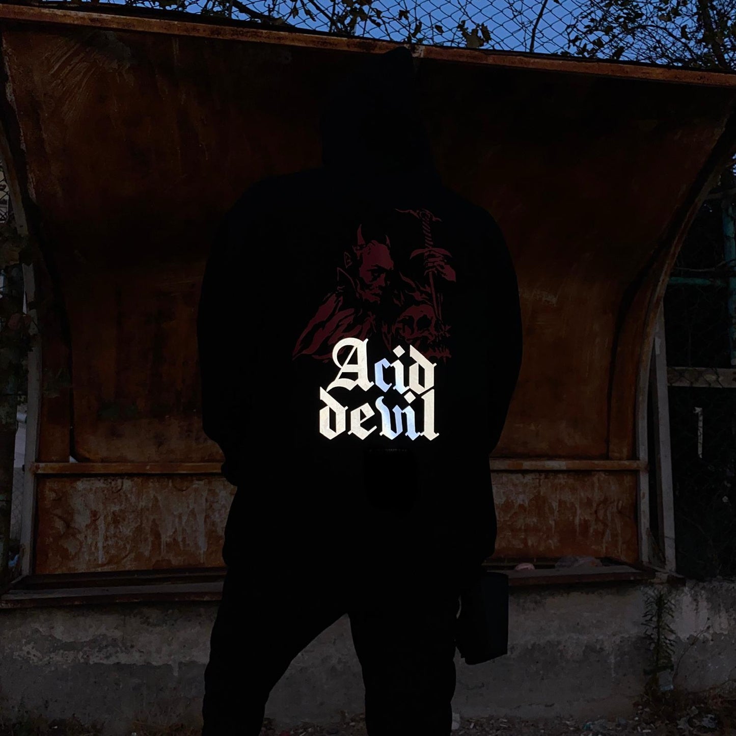 BLACK OVERSIZE HOODIE 'ACID DEVIL' REFLECTIVE